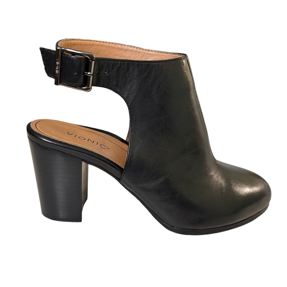 Vionic Lacey Ankle Boots Black Leather 3” Heels Open Heel Size 9 Wide